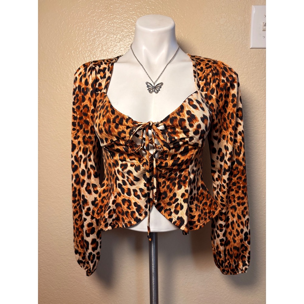 Y2K Charlotte Russe Leopard Print Lace Up Peplum Top Brown Long Sleeve Small #5